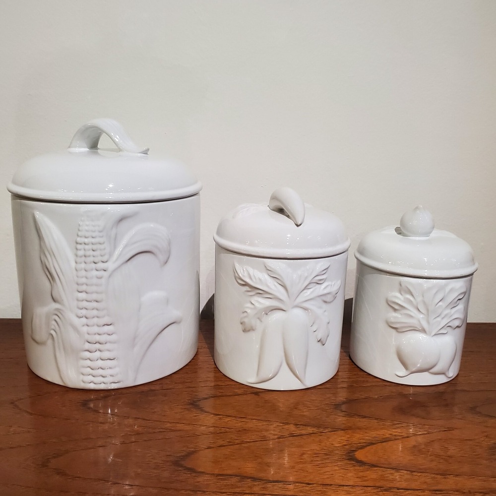 Over and Back Inc. White Vegetable Ceramic Canisters, set of 3, made in Portugal